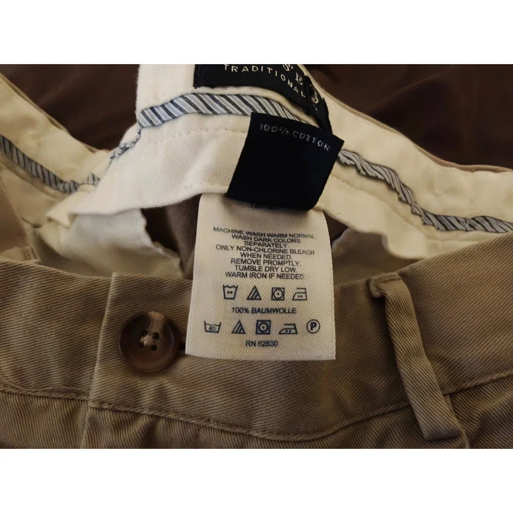 Lands End Mens Traditional Fit Pleated Chino Pants Khaki Tan Cotton Size 35